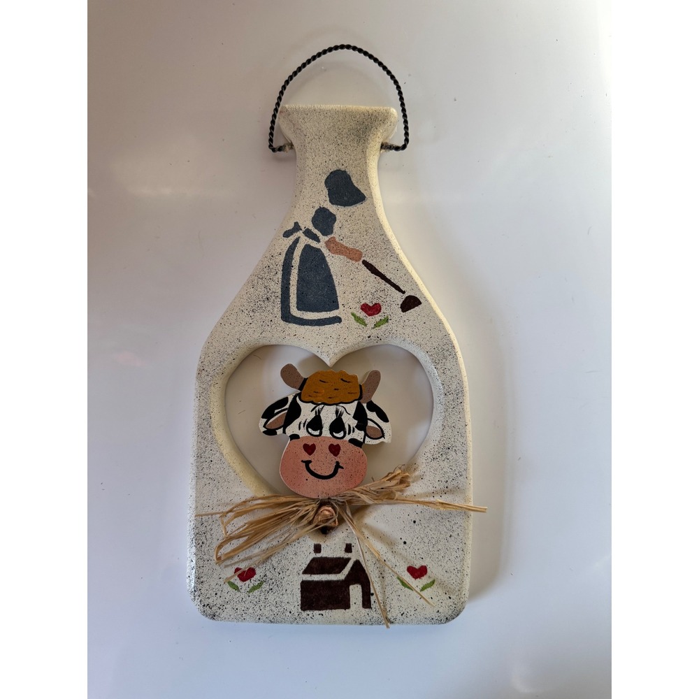 Vintage Farmhouse Wooden Milk Bottle Wall Decor Hand Painted Cow Heart Cutout